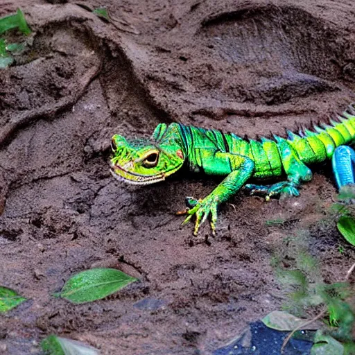 Prompt: “an iridescent basilisk emerging from a muddy swamp, scaring off nearby invaders”