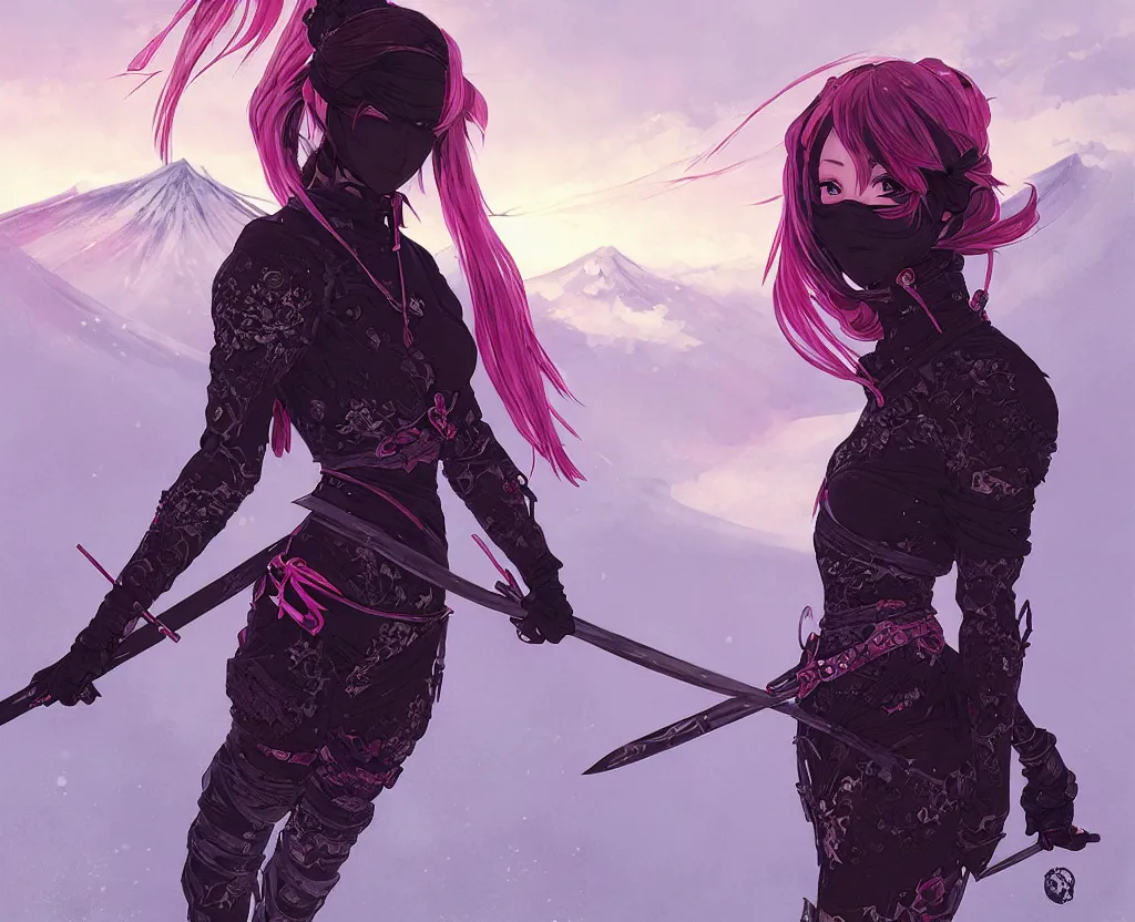 Prompt: portrait ninja gaiden girl, black plus little pink ninja wardrobe, at snowy fuji mountain sunrise, ssci - fi and fantasy, intricate and very very beautiful, detailed, digital painting, artstation, concept art, smooth and sharp focus, illustration, art by tian zi and wlop and alphonse mucha