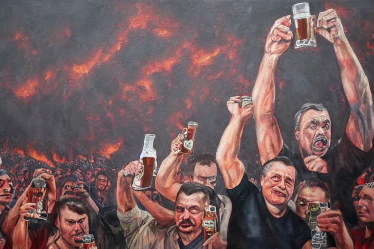 Image similar to viktor orban drinking beer and cheering at the apocalyse in front a burning city, highly detailed eyes, oil on canvas