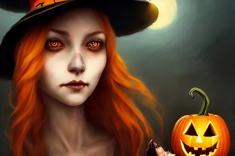 Image similar to portrait of a scarecrow with a jack - o - lantern head and a witch hat, halloween night, charlie bowater, artgerm, ilya kuvshinov, krenz cushart, ruan jia, realism, ultra detailed, 8 k resolution