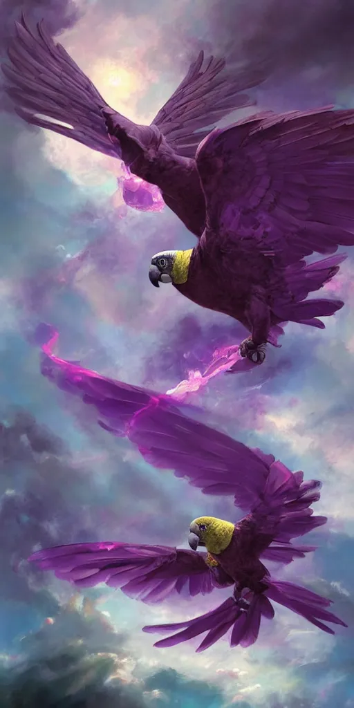 Image similar to a painting of a purple parrot flying through the sky, poster art by raymond swanland, deviantart, fantasy art, christian, deviantart, mystical