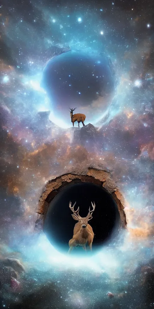 Image similar to a wide shot of a deer peering into a giant portal into the universe in the shape of a keyhole to the nebulae and galaxies, an eagle flying, beautiful matte painting by weta workshop 4 k, cinematic dramatic atmosphere, dramatic lighting, trending on artstation