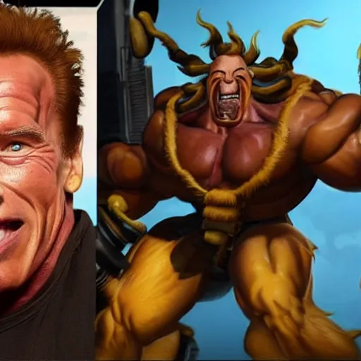 Image similar to a screenshot of arnold schwarzenegger as junkrat in overwatch