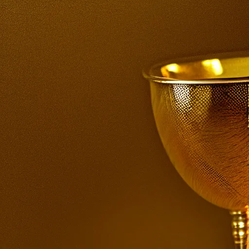 Image similar to goblet, gold cup, scratched metallic pattern, particles defocused, haze