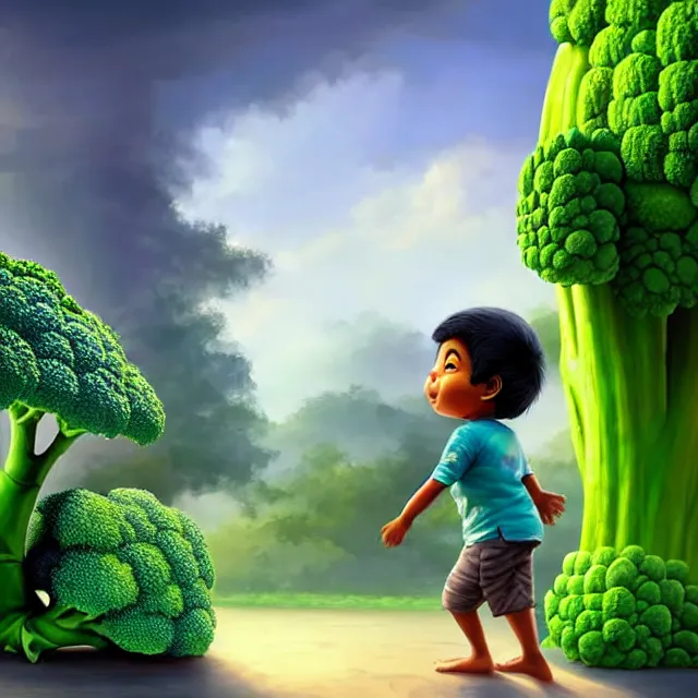 Image similar to epic professional digital art of an East Indian toddler boy walking beside a giant anthropomorphic friendly broccoli, best on artstation, cgsociety, wlop, Behance, pixiv, astonishing, impressive, outstanding, epic, cinematic, stunning, gorgeous, breathtaking comic style fantasy art, masterpiece.