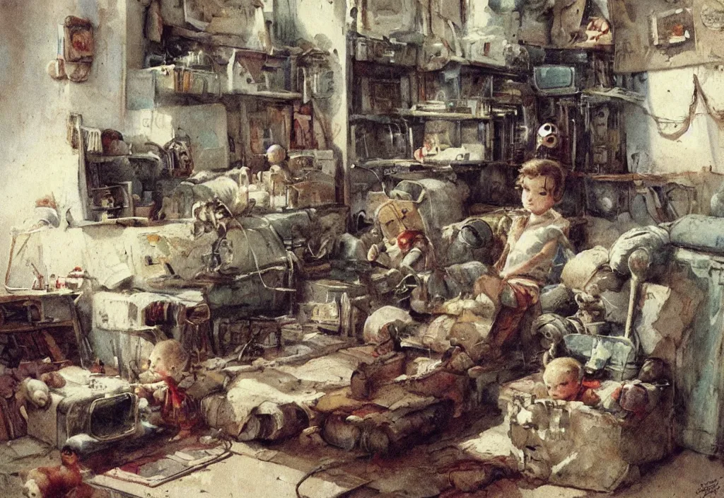 Image similar to adventurer ( ( ( ( ( 1 9 5 0 s retro future living room. muted colors. toys laying around ) ) ) ) ) by jean baptiste monge, chrome red