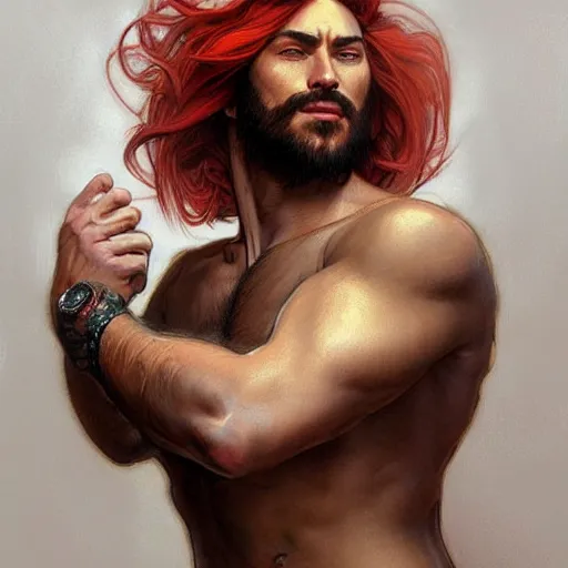 Image similar to portrait of a bull with a humanoid face, male, handsome, masculine, full body, red hair, long hair, soft hair, fantasy, intricate, elegant, highly detailed, suit, coffee shop, digital painting, artstation, concept art, character art, smooth, sharp focus, illustration, art by artgerm and greg rutkowski and alphonse mucha