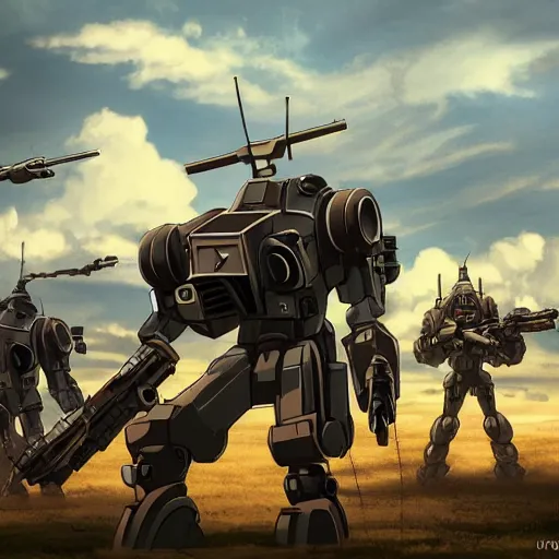 Prompt: a mech with guns on each arm preparing for combat, battlefield, dead trees, fire, smoke, dark clouds, slightly sunny, ominous, intense, epic, extremely detailed, cinematic lighting, studio ghibli, anime, steampunk, cool,