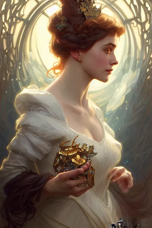 Image similar to cinderella, D&D, fantasy, intricate, elegant, highly detailed, digital painting, artstation, concept art, matte, sharp focus, illustration, art by Artgerm and Greg Rutkowski and Alphonse Mucha