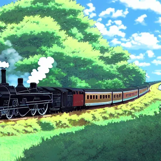Prompt: steam train going through the countryside towards a distant city, anime, by makoto shinkai, steam train, landscape
