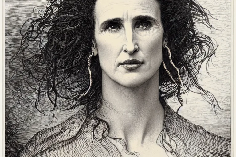 Image similar to andie macdowell portrait by gustave dore and dan mumford, museum print of copper plate etching