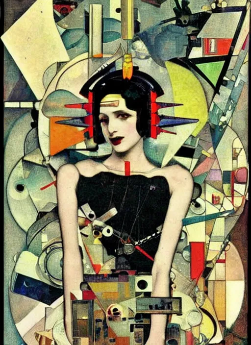 Prompt: cute punk goth fashion fractal alien martian girl with wearing a television helmet and kimono made of circuits and leds, surreal Dada collage by Man Ray Kurt Schwitters Hannah Höch Alphonse Mucha