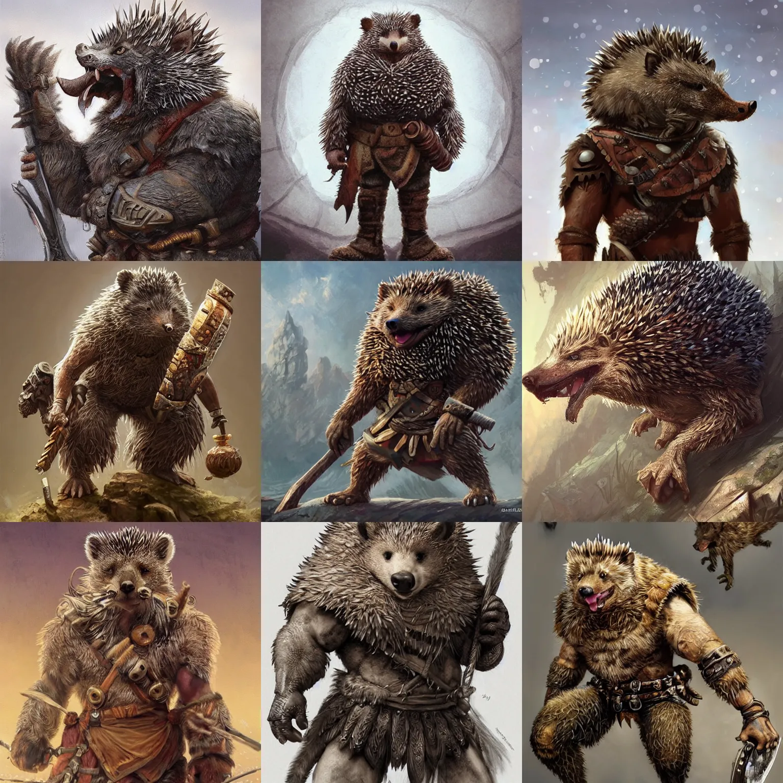 Prompt: anthropomorphic rugged hedgehog!!! with furry!! powerful barbarian muscular armored upper body long hair, 👅 👅 , D&D, fantasy, intricate, elegant, highly detailed, digital painting, artstation, concept art, smooth, sharp focus, illustration, art by artgerm and beeple and greg rutkowski and alphonse mucha