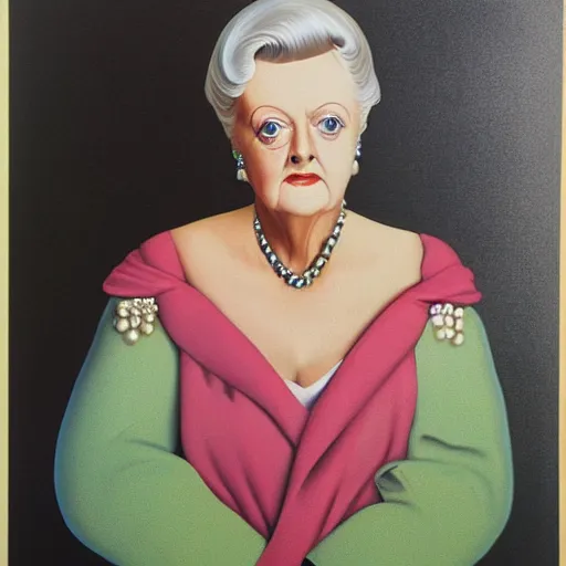 Prompt: very beautiful portrait of dame angela lansbury wearing pearls, detailed and colorful and painted by rene magritte