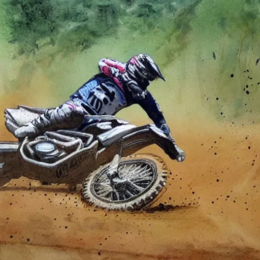 Image similar to dirt bike off - road motorcycle crash face ground dirt in water color painting style