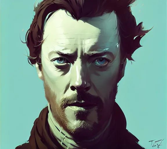Prompt: portrait of portrait, toby stephens as a king, by atey ghailan, by greg rutkowski, by greg tocchini, by james gilleard, by joe fenton, by kaethe butcher, by ashley wood, dynamic lighting, gradient light blue, brown, blonde cream and white color scheme, grunge aesthetic