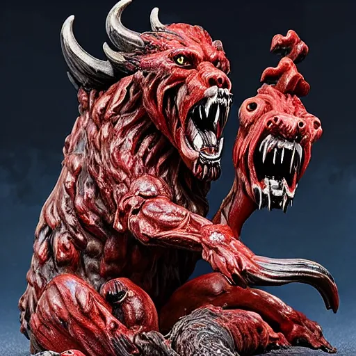 Image similar to horrifying rampaging beast, Cerberus hellhound with a thousand bloody maws, rippling with muscle and hatred, Precious Moments figurine, collectible, Amazon product photo