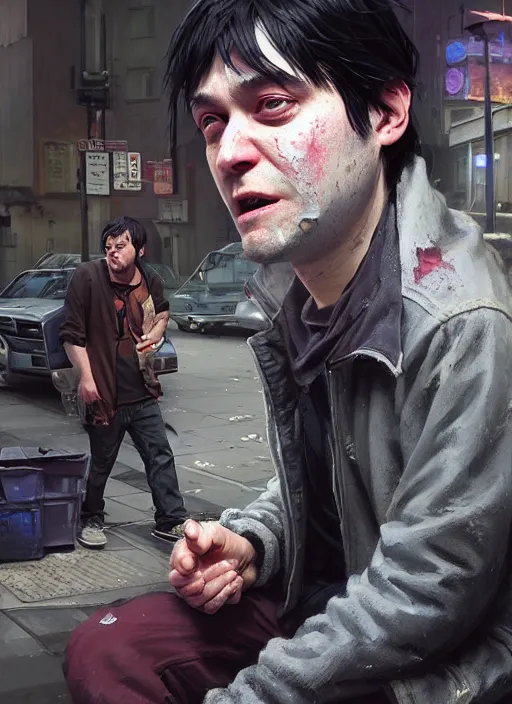 Image similar to Highly detailed full-body portrait of homeless and beaten up Martin Shkreli, in GTA V, Stephen Bliss, unreal engine, fantasy art by Greg Rutkowski, Loish, Rhads, Makoto Shinkai and Lois van baarle, ilya kuvshinov, rossdraws, Tom Bagshaw, global illumination, radiant light, detailed and intricate environment