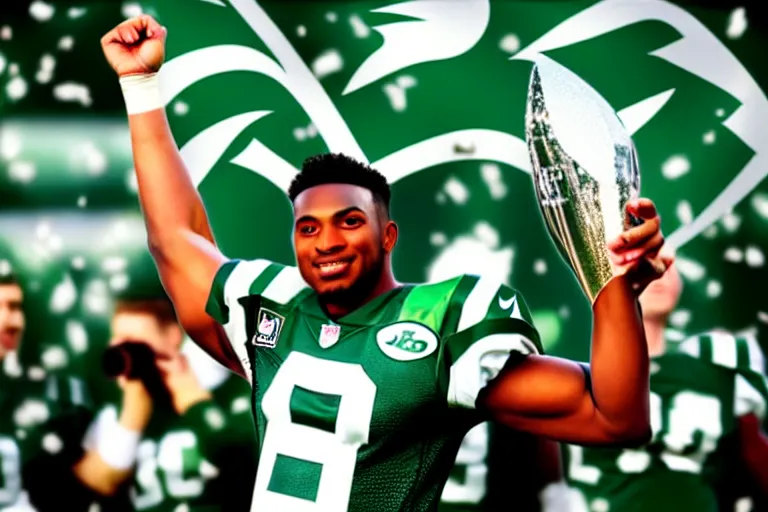 Prompt: a photograph of a football player wearing a new york jets jersey holding the lombardi trophy, stock footage
