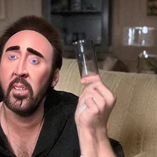 Image similar to Drinking of liquid Nicolas Cage from bottle.