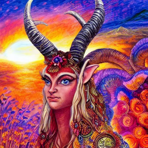 Image similar to detailed acrylic on canvas fantasy painting by josephine wall, horned ram goddess checking her cell phone, erupting volcano and sunset in distance, flowers in foreground, trending on artstation, by senior concept artist, intricately detailed, high resolution, hdr, 8 k