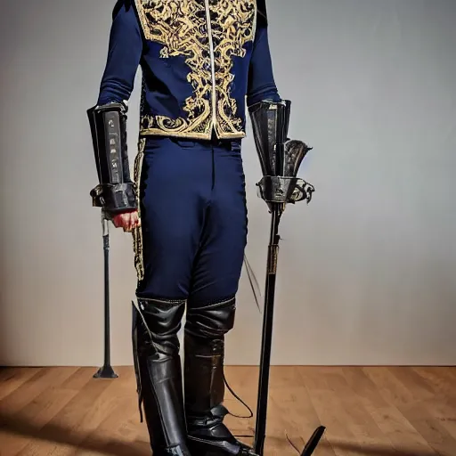 Image similar to medium shot of adult Austin Butler dressed in futuristic-baroque prussian blue duelist-garb with Griffin-Ram embroidery emblem, and nanocarbon-vest and greaves, standing in an arena in Dune 2020, XF IQ4, f/1.4, ISO 200, 1/160s, 8K, RAW, unedited, symmetrical balance, face in-frame