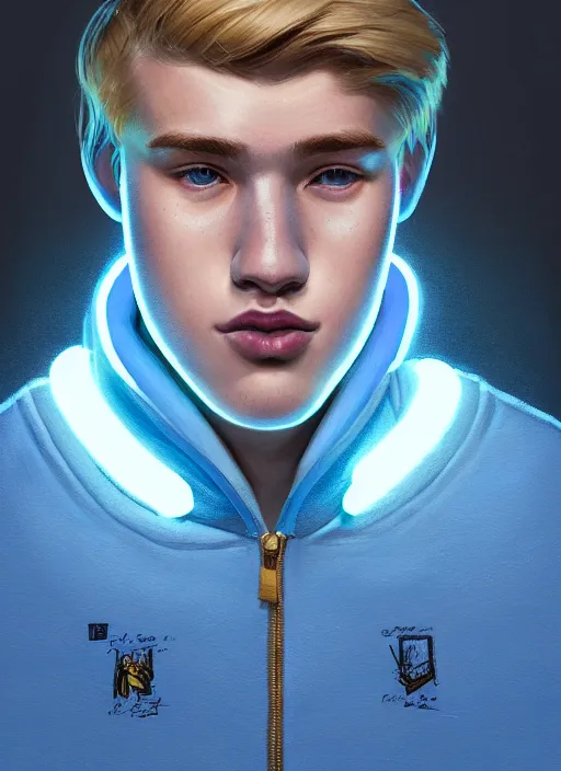 Image similar to portrait of high school senior boy named big moose, blonde short hair, jock, beefy, wide face, square jaw, square facial structure, blue varsity jacket with letter r, intricate, elegant, glowing lights, highly detailed, digital painting, artstation, concept art, sharp focus, illustration, art by wlop, mars ravelo and greg rutkowski