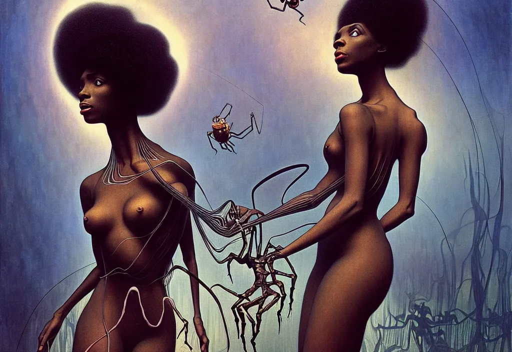 Image similar to realistic detailed portrait movie shot of a single beautiful black woman in a transparent sheer fabric dress dancing with a giant spider, futuristic sci fi landscape background by denis villeneuve, jean delville, yves tanguy, ernst haeckel, alphonse mucha, max ernst, monia merlo, roger dean, sci fi necklace, masterpiece, dreamy, rich moody colours