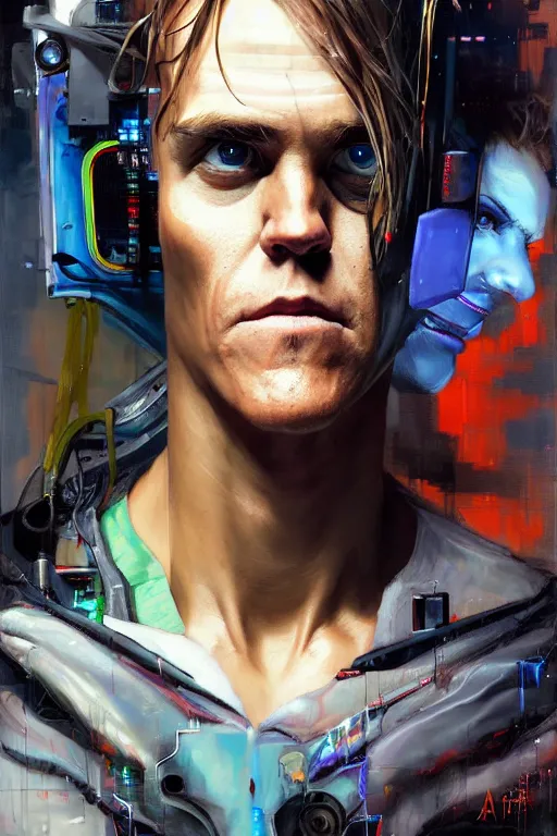 Image similar to zack greinke as a cyberpunk hacker, wires cybernetic implants, by adrian ghenie, esao andrews, jenny saville, james jean, dark art