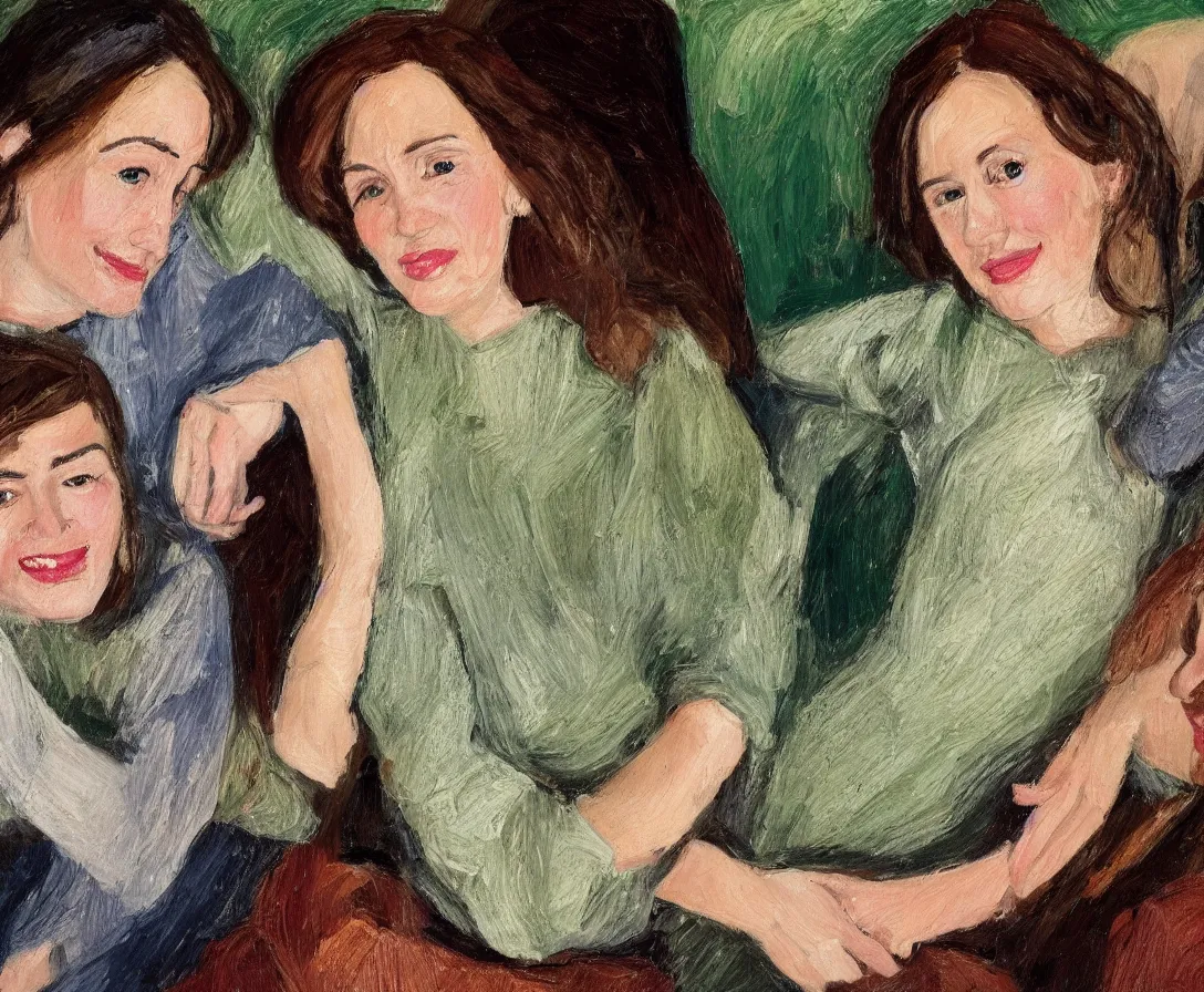 Image similar to close up portrait of pretty bella and esther with brown hair lying horizontal next to each other, in an old english apartment on a brown leather sofa. one is wearing a dark blue sweather, the other a white shirt. close up. in the style of lucien freud. oil painting. green light. thick colorful brush strokes. smiling