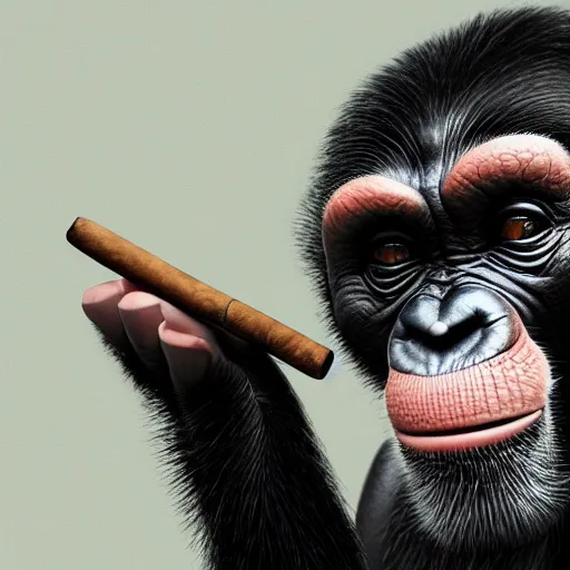 Image similar to a high detail shot of a chimp wearing a suit, smoking a cigar, render, cgsociety, photorealism