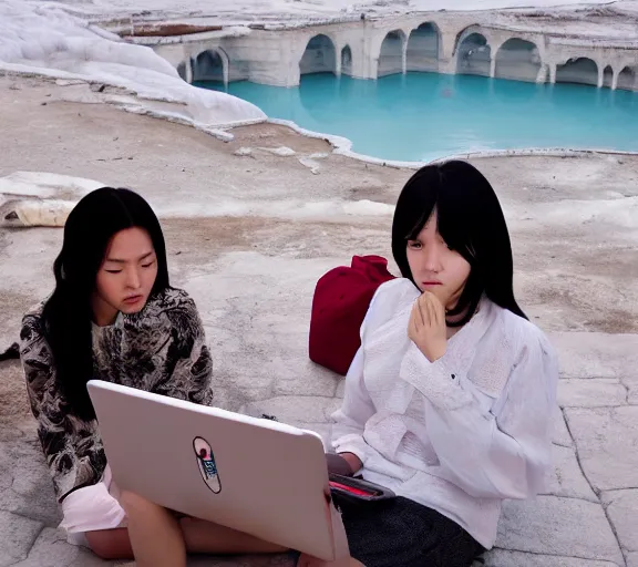 Image similar to Lee Jin-Eun hacking a laptop at Pamukkale by Martine Johanna, rule of thirds, seductive look, beautiful