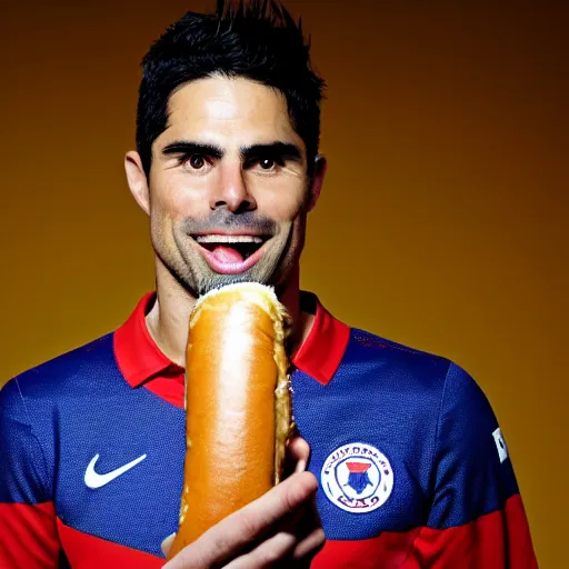 Image similar to a promo portrait of mikel arteta holding a delicious hot dog with mustard and ketchup up to the camera, happy, hyper detailed, fisheye lense, reuters