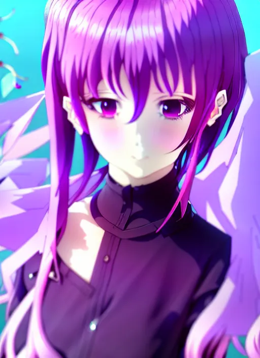 Image similar to anime portrait of a honkai impact character, purple hair, european dress, vivid background, ilya kuvshinov, anime, pixiv top monthly, trending on artstation, cinematic, danbooru, zerochan art, kyoto animation