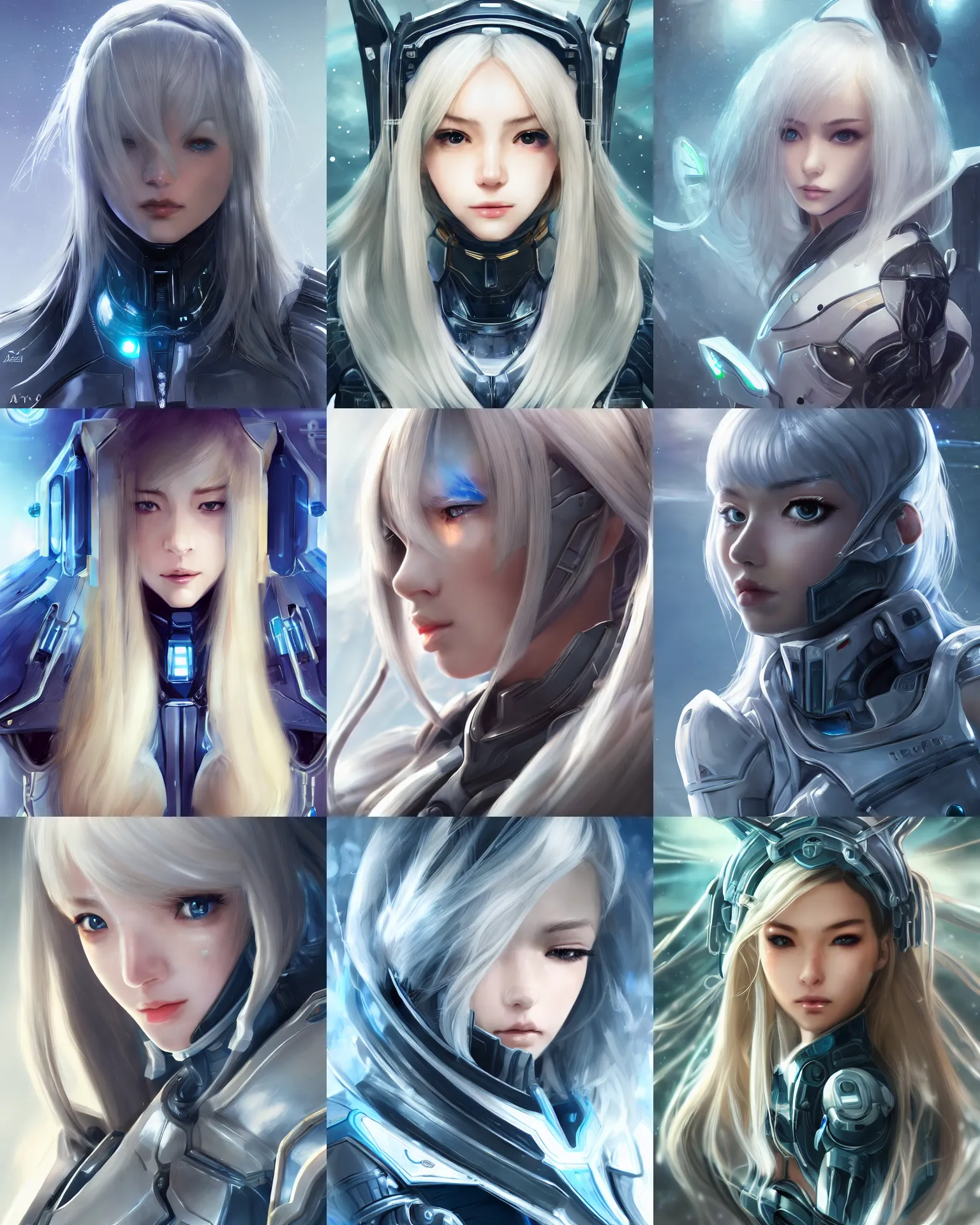 Image similar to detailed portrait of perfect android girl, warframe armor, beautiful face, scifi, futuristic, space station, laboratory, song hye - kyo, dreamy, long white hair, blue cyborg eyes, cinematic lighting, innocent, highly detailed, sharp focus, smooth, artstation, intricate, award winning, pure aura, divine, by akihiko yoshida