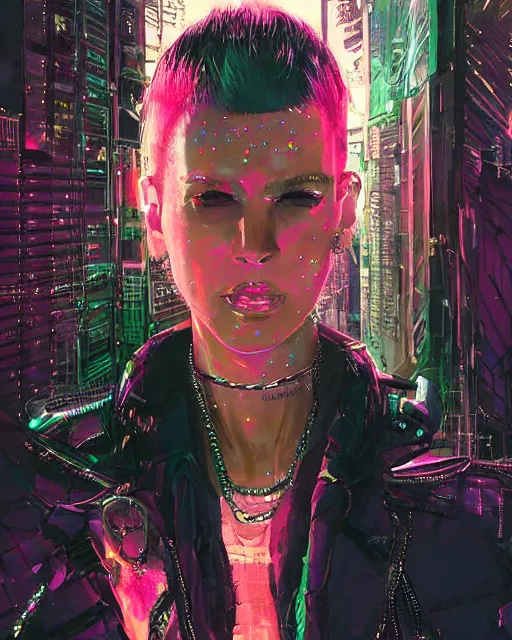 Image similar to portrait of Punk girl, standing hair line, chains, pierced, tattoed Sheen Holographic Futuristic sci-fi fashion cyberpunk, (neotokyo), synthwave, (aesthetics), futuristic, bladerunner movie scene by ismail inceoglu dragan bibin hans thoma greg rutkowski Alexandros Pyromallis Nekro Rene Margitte illustrated Perfect face, fine details, realistic shaded, fine-face, pretty face ((sharp chine))