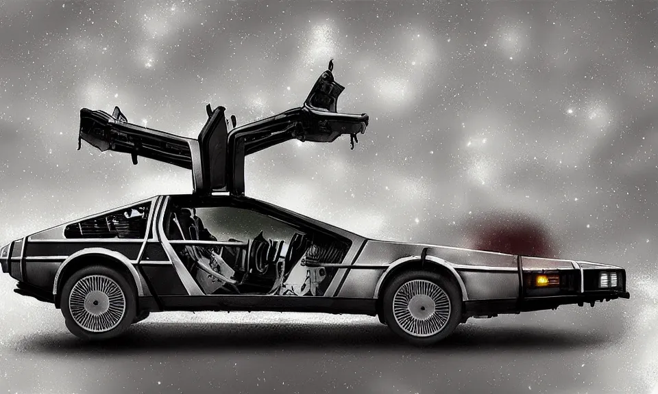 Prompt: a delorean travelling through time, digital art