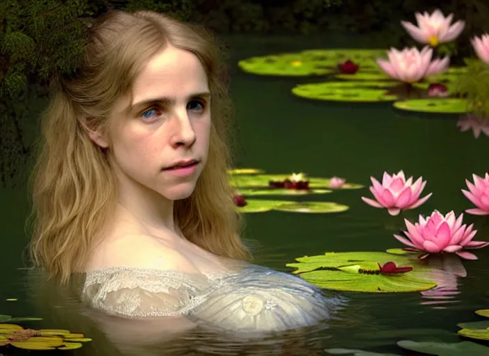 Image similar to 8K, soft light, warm volumetric lighting, highly detailed, brit marling style 3/4 ,view from above of close-up portrait photo of a beautiful woman how pre-Raphaelites painter, face is emerging of a pond with beautiful water lilies, she has a beautiful lace dress and hair are intricate with highly detailed realistic beautiful flowers , Realistic, Refined, Highly Detailed, natural outdoor soft pastel lighting colors scheme, faded colors, outdoor fine art photography, Hyper realistic, photo realistic,warm lighting,