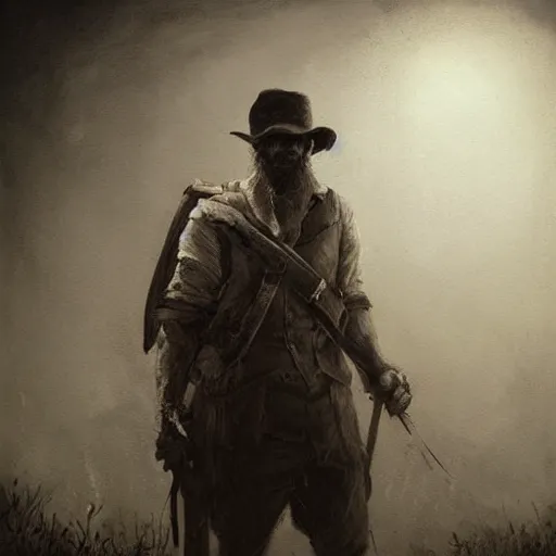 Prompt: a hyper realistic portrait painting of a hunter from hunt showdown videogame, creepy, backlight, silhuette, horror vibe, real, realistic lighting in the style of greg rutkowski, trending on artstation,