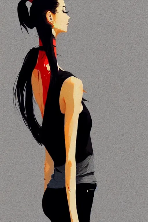 Image similar to a ultradetailed beautiful full body painting of a stylish woman in with a ponytail, she is wearing a black tank top and jeans, by conrad roset, greg rutkowski and makoto shinkai trending on artstation