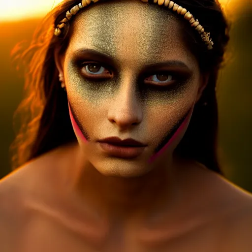 Prompt: photographic portrait of a stunningly beautiful renaissance female with tribal makeup in soft dreamy light at sunset, contemporary fashion shoot, by edward robert hughes, annie leibovitz and steve mccurry, david lazar, jimmy nelsson, breathtaking, 8 k resolution, extremely detailed, beautiful, establishing shot, artistic, hyperrealistic, beautiful face, octane render