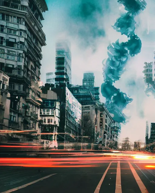 Prompt: complex cityscape folding and overlaying in inception mirror dimension style cinematic hd photo smoke cloud lens flare godray mcu Nolan Leica Zeiss film trending on Flickr