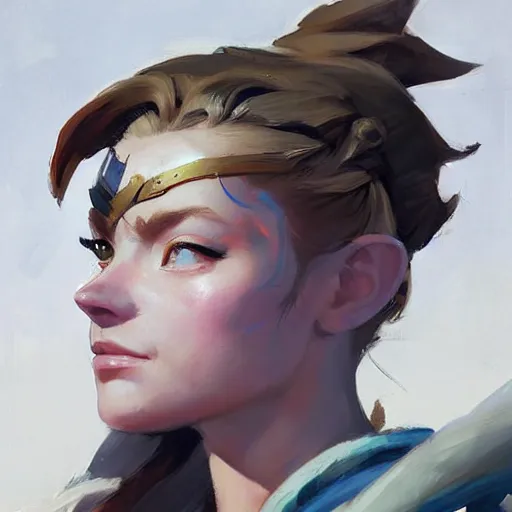 Image similar to greg manchess portrait painting of a aloy as overwatch character, medium shot, asymmetrical, profile picture, organic painting, sunny day, matte painting, bold shapes, hard edges, street art, trending on artstation, by huang guangjian and gil elvgren and sachin teng