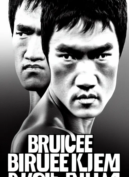 Image similar to Film poster Bruce lee fights VS terminator, faces look at each other, detailed and realistic, 4k, filmic render