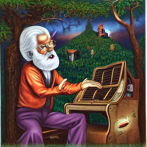 Image similar to old man white beard playing a synthesizer in a tree house, notes and clefs listening , lowbrow surrealistic, in the style of Mark Ryden,