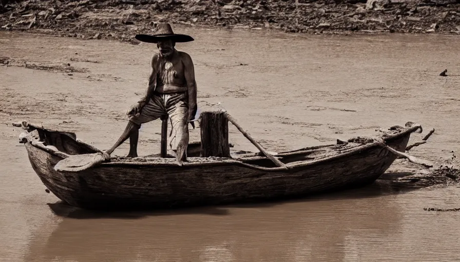 Prompt: a man in a organic barque on a mud river, leica sl 2 technicolor, heavy grain, high quality, high detail