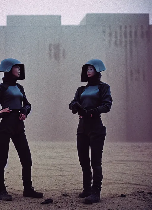 Prompt: cinestill 5 0 d photographic portrait of two loving clones, techwear women on a desolate plain, a brutalist dark metal facility in the background, dust storm, depth of field, 4 k, 8 k, hd, full color