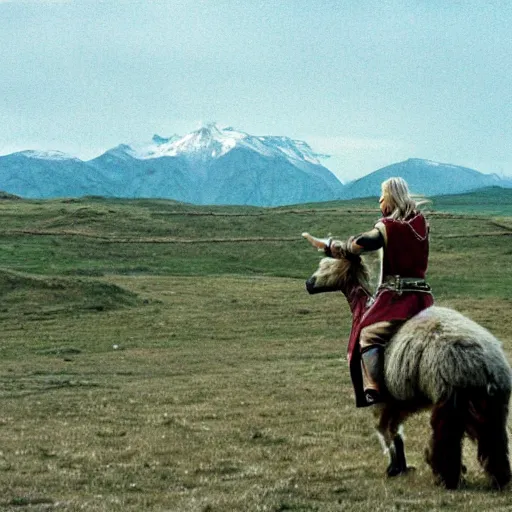 Image similar to rohirrim, riding toward minas tirith on alpacas