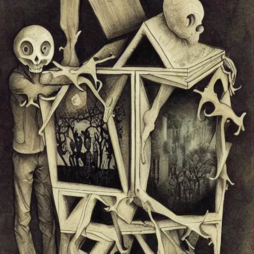 Image similar to box of ghosts| by Santiago Caruso and M.C. Escher and Joseph Cornell| very detailed| colorful beautiful eerie surreal psychedelic