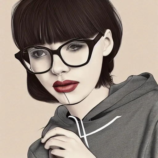 Prompt: portrait of a teenage girl with bangs, brown hair and bangs, round silver glasses with thin rims, wearing a gray hoodie with black sleeves, digital art, elegant pose, detailed illustration with thick lineart